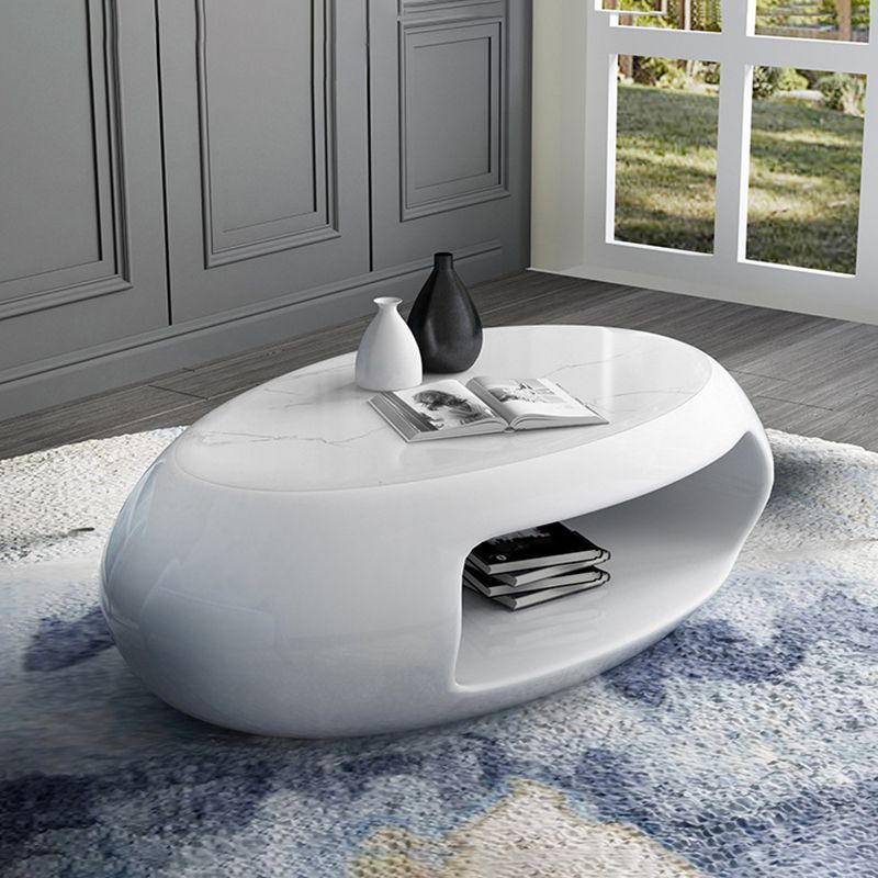 Modern Oval Coffee Table with Storage Shelf and Plastic Pedestal Base