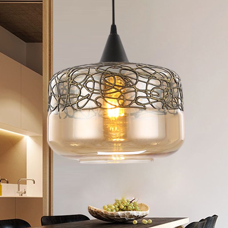 Amber Glass Drum Pendant Lighting Contemporary 1 Head Hanging Lamp Kit for Living Room