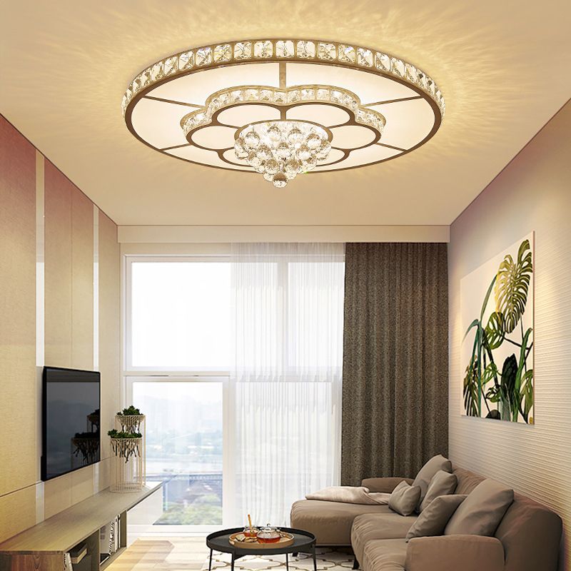 White Floral Flush Mount Ceiling Fixture Modern LED Crystal Flushmount Ceiling Lamp for Living Room