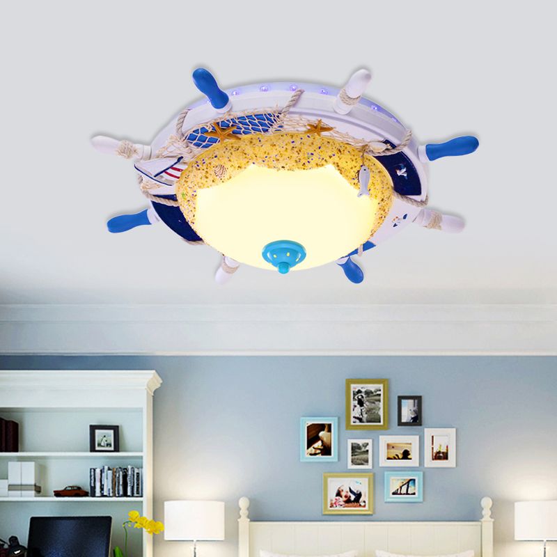 Dome Opal Frosted Glass Ceiling Light Kids White LED Flush Mount Fixture with Rudder Canopy and Marine Element