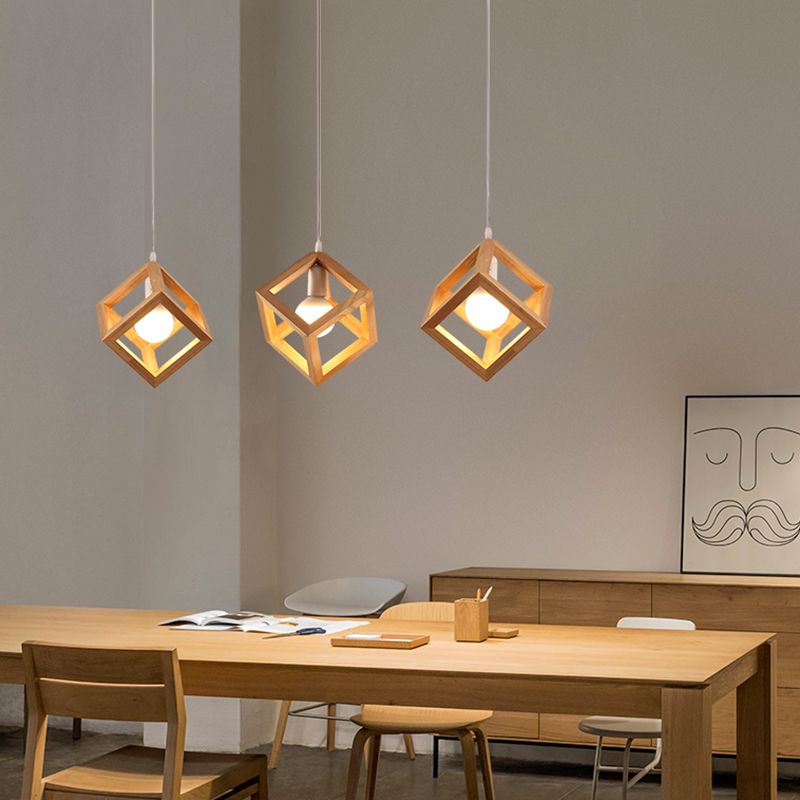 Log Color Square Pendant Light in Modern Concis Concis Wooden Intérieure en bois lampe de suspension intérieure