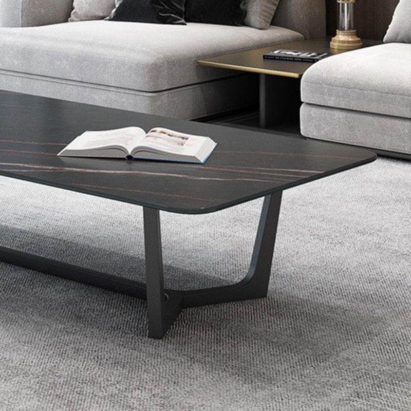 Glam Style Rectangular Slate with Trestle Base Black Foot Coffee Table