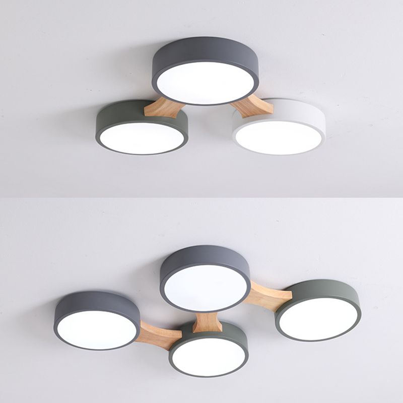 Plafonnier LED Macaron en bois de style créatif moderne, plafonnier circulaire en fer forgé avec abat-jour en acrylique