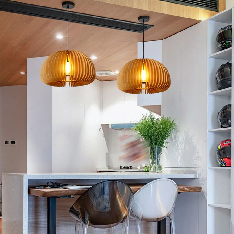 1 Light Pumpkin Shape Wooden Pendant Light Modern Style Living Room Hanging Lamp Fixture
