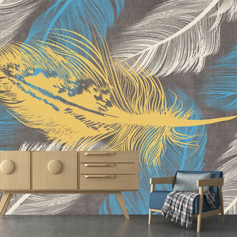 Yellow-Blue Feather Wallpaper Murals Moisture Resistant Modern Bedroom Wall Decor