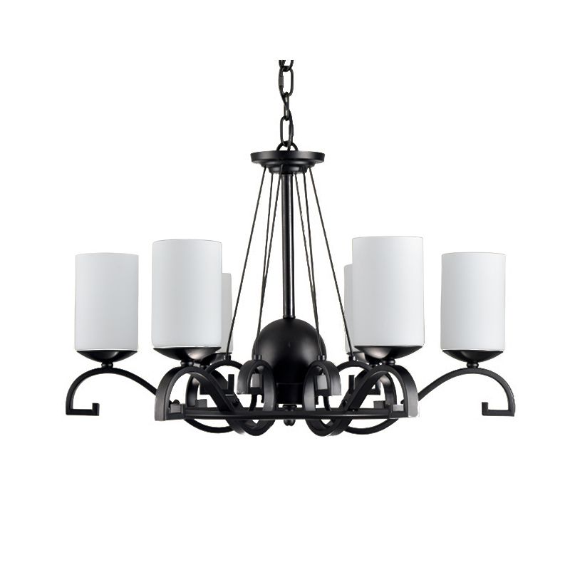 White Glass Cylinder Chandelier Light Fixture Rustic 6 Lights Bedroom Hanging Ceiling Light in Black