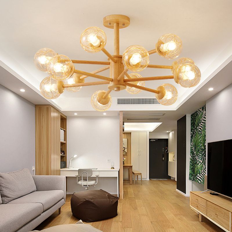 Creative Simple Style Wooden Chandelier Ceiling Hanging Light with Glass Shade