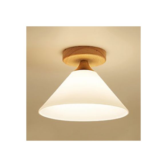 Cône d'abat-jour blanc/plafonnier festonné avec auvent en bois, plafonnier en verre moderne à une lumière pour Foyer