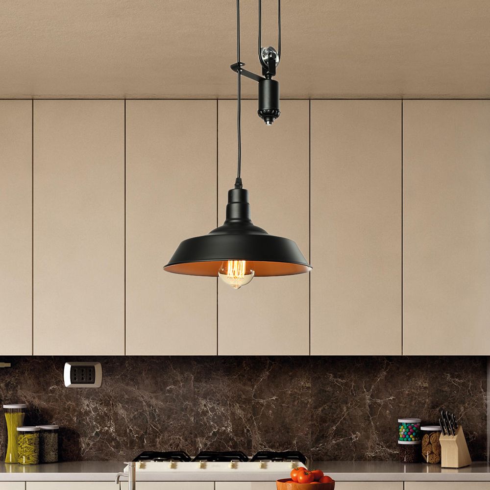 Farmhouse Pulley Pendant Light with Barn Shade 1 Bulb Metallic Hanging Lamp in Black for Kitchen