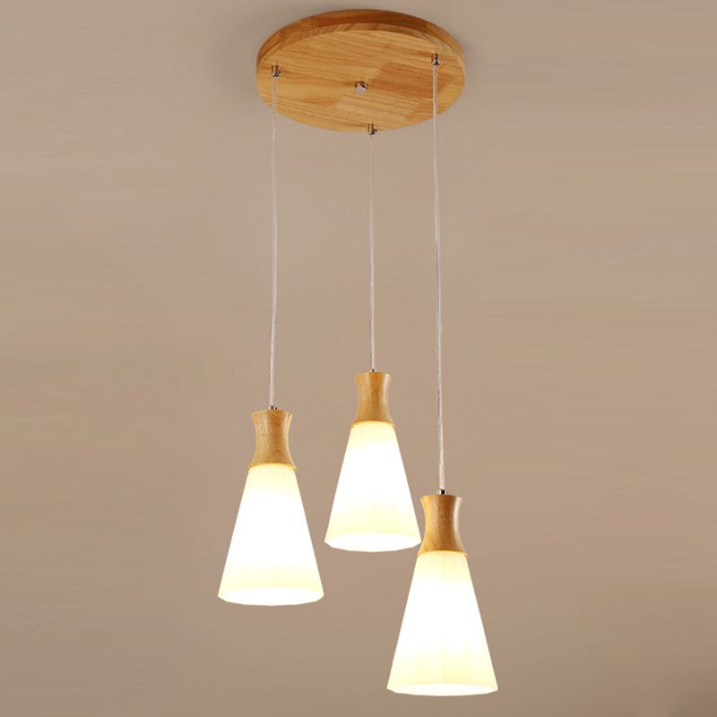 Nordic 3 Lights Pendant Wood Geometric Hanging Light Fixture with White Glass Shade