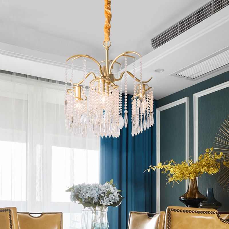 Gold Finish Chandelier Lamp Antique Crystal Tassel Hanging Light Fixture for Bedroom