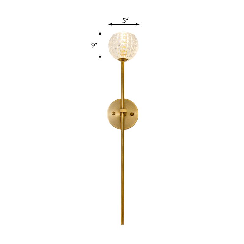 1-Light Wall Lamp Simple Globe/Cone Clear Grid Glass Sconce Light with Clean-Lined Arm in Gold for Hallway