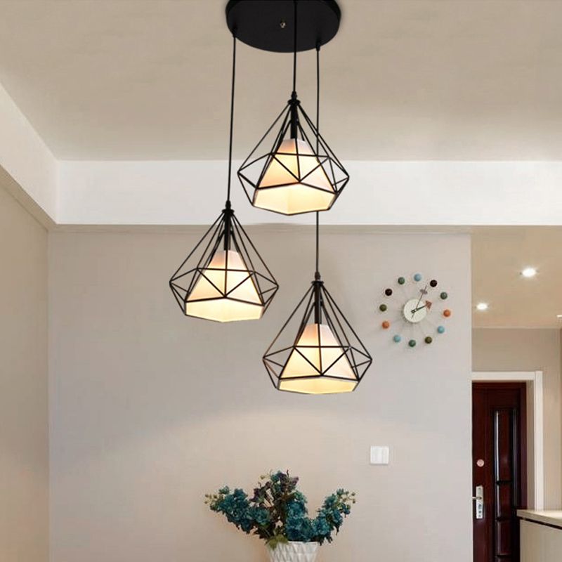 3 Heads Hanging Pendant Light with Diamond Cage Shade Metal Industrial Dining Room Ceiling Lamp in Black