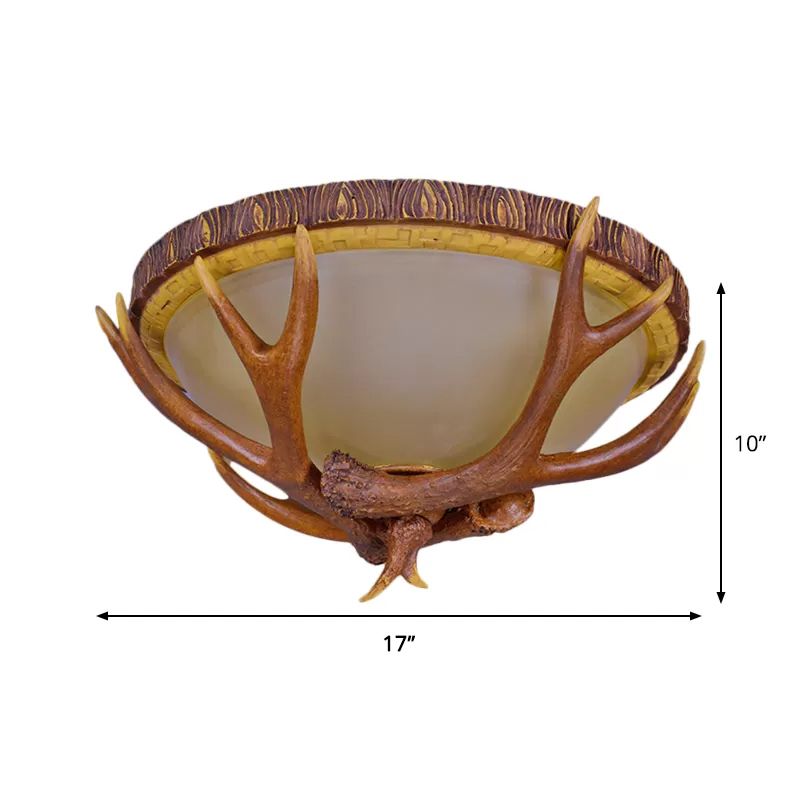 3 Lights Dome Flush Mount Farmhouse Brown Frosted Glass Ceiling Light Fixture with Antler Deco