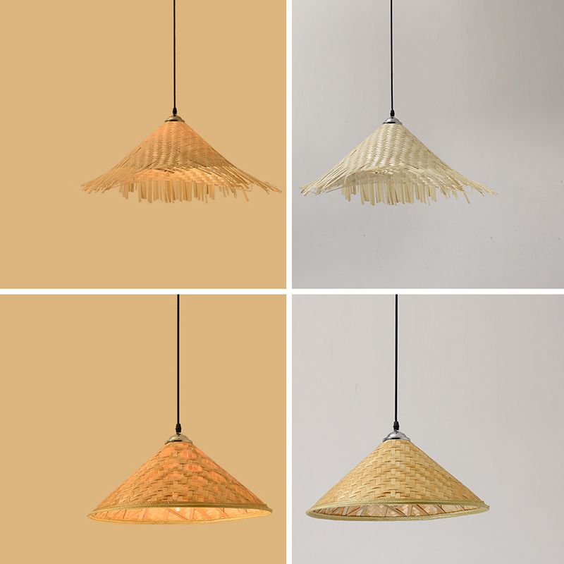 Straw Hat Suspension Lighting Asian Bamboo 1 Bulb Beige Ceiling Pendant for Restaurant