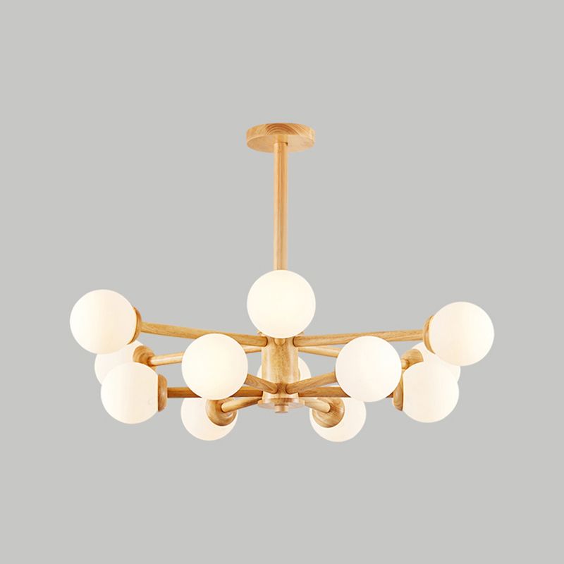 Modern Wood Chandelier Light Fixtures Multi-Head Hanging Pendant Lights with Globe Glass Shade
