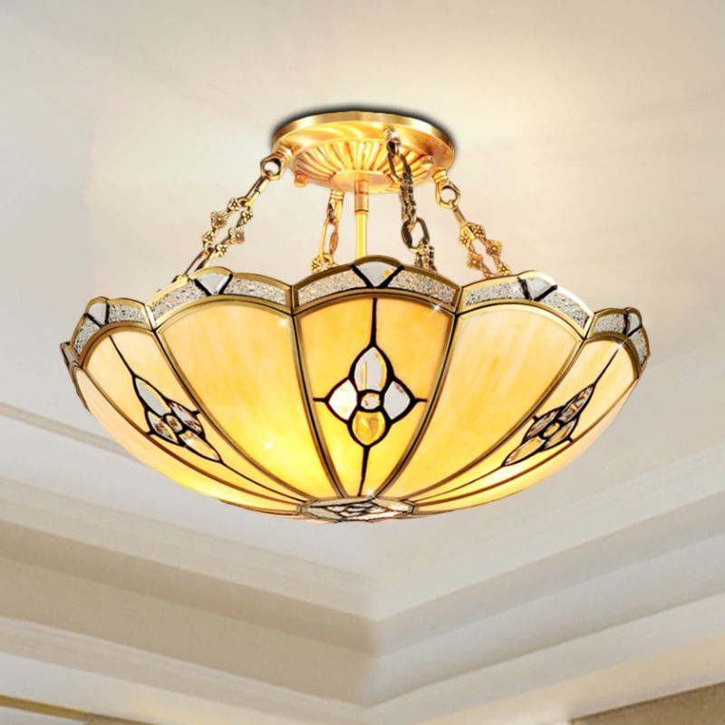 18"/19.5" W Dome Bedroom Semi-Flush Mount Light Colonial Frosted Glass 4 Bulbs Brass Close to Ceiling Lighting Fixture