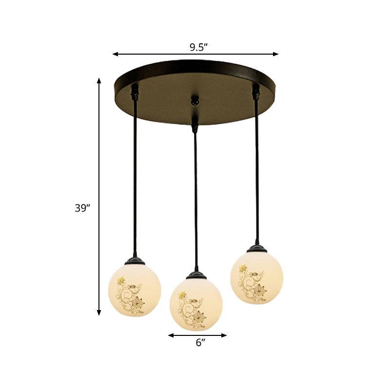 Black Sphere Multi Ceiling Lamp Modernism White Printing Glass 3-Light Dining Room Pendant with Round/Linear Canopy