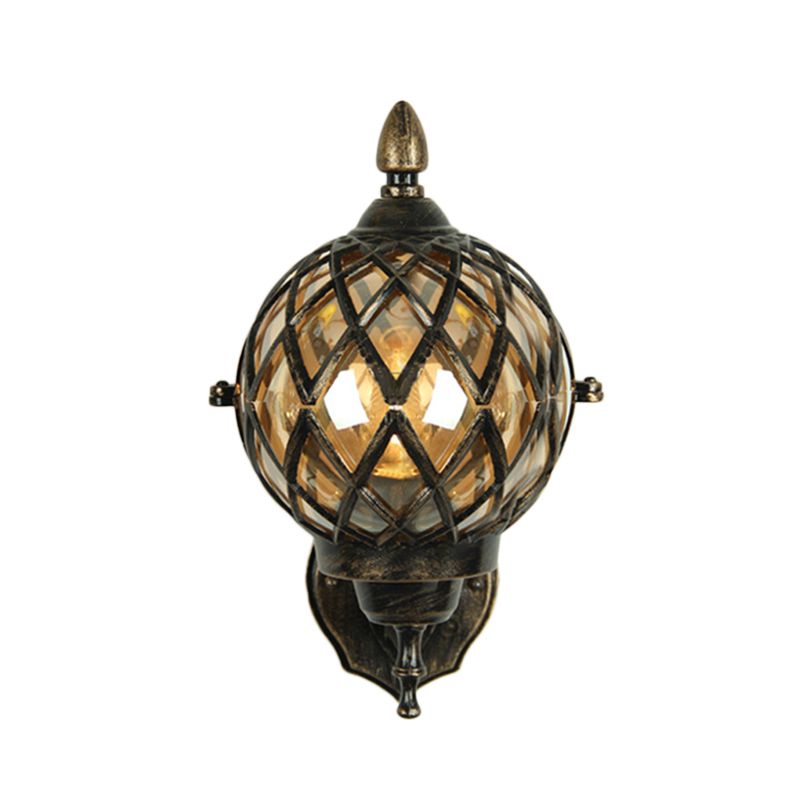 1 Light Amber Glass Wall Sconce Light Industrial Black Globe Dining Room Lighting Fixture with Cage