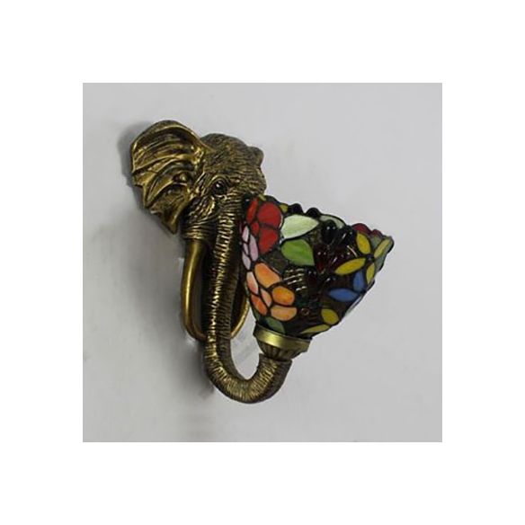 Bowl Sconce Lighting with Elephant Design and Flower/Morning Glory/Dragonfly/Blue Flower Pattern Lodge Style Stained Glass Wall Lamp in Brass