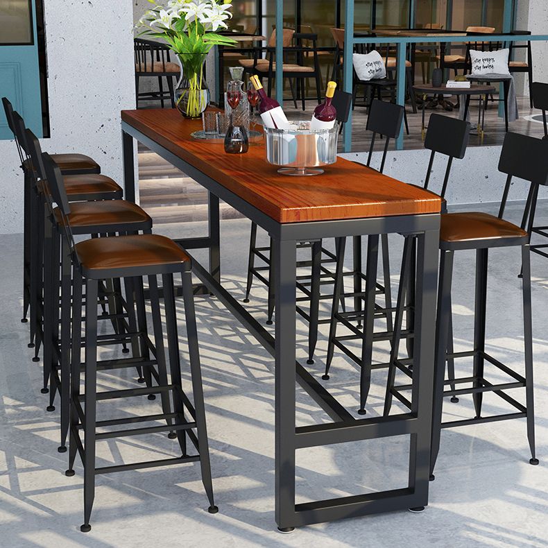 Industrial Style Bar Dining Table Brown Solid Wood Bar Wine Table with Metal Base