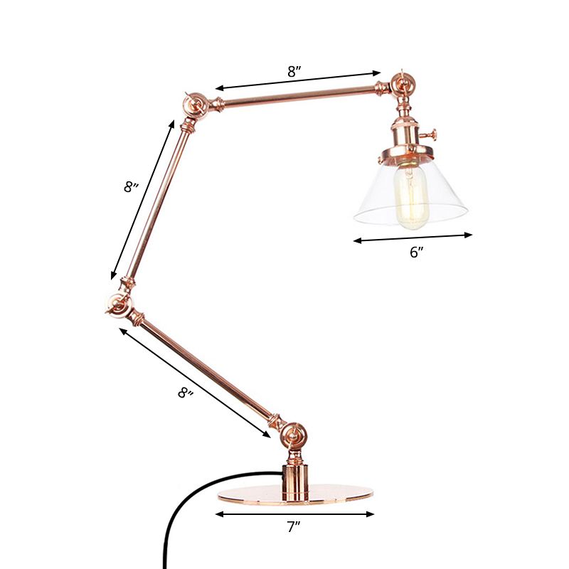 Table conique de style industriel clair Ambre / verre transparent et métal 1 lampe de table de chambre à coucher légère avec bras réglable en noir / laiton