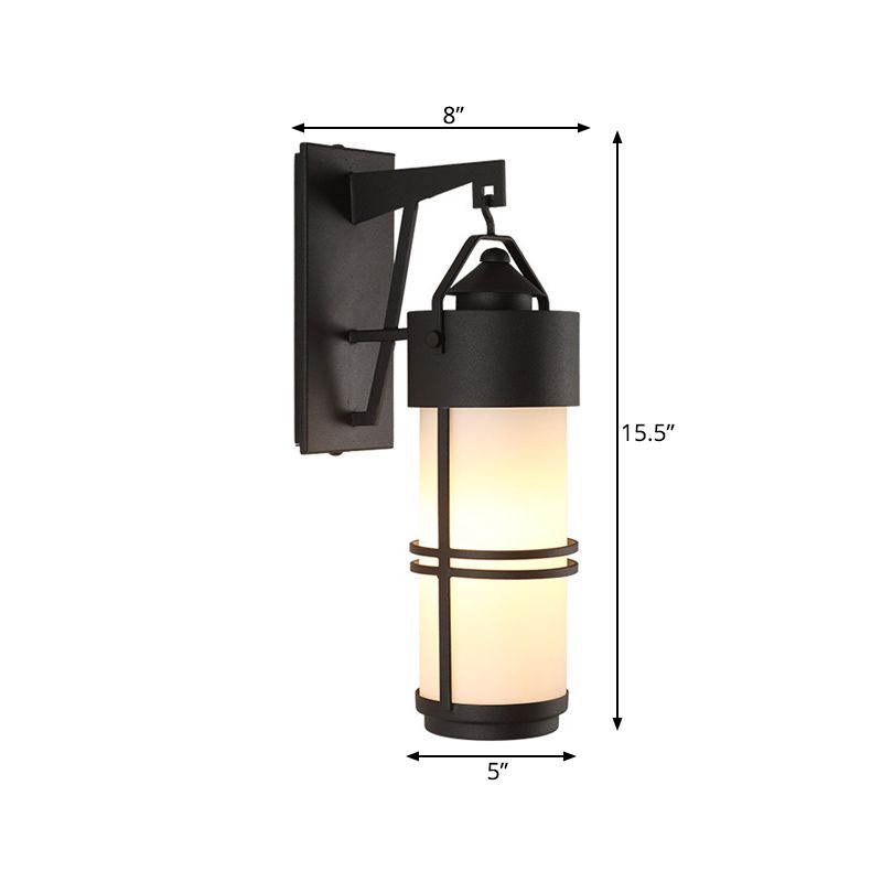 Cylindrical Stairs Wall Lighting Fixture Classic Cream Glass 1 Light Black Finish Sconce Light