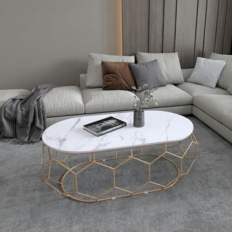 Glam Slate Coffee Table with Iron Frame and Oval Stone Top Cocktail Table