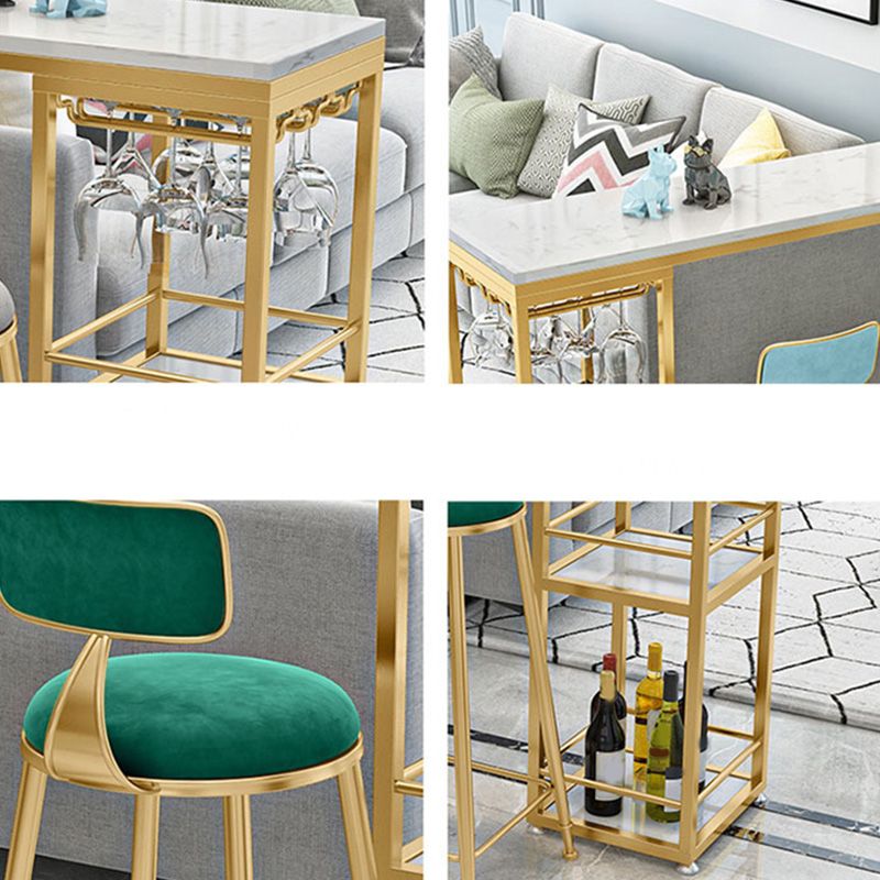 White Metal Pub Table with Faux Marble Top Modern Bar Table with 2 Shelves