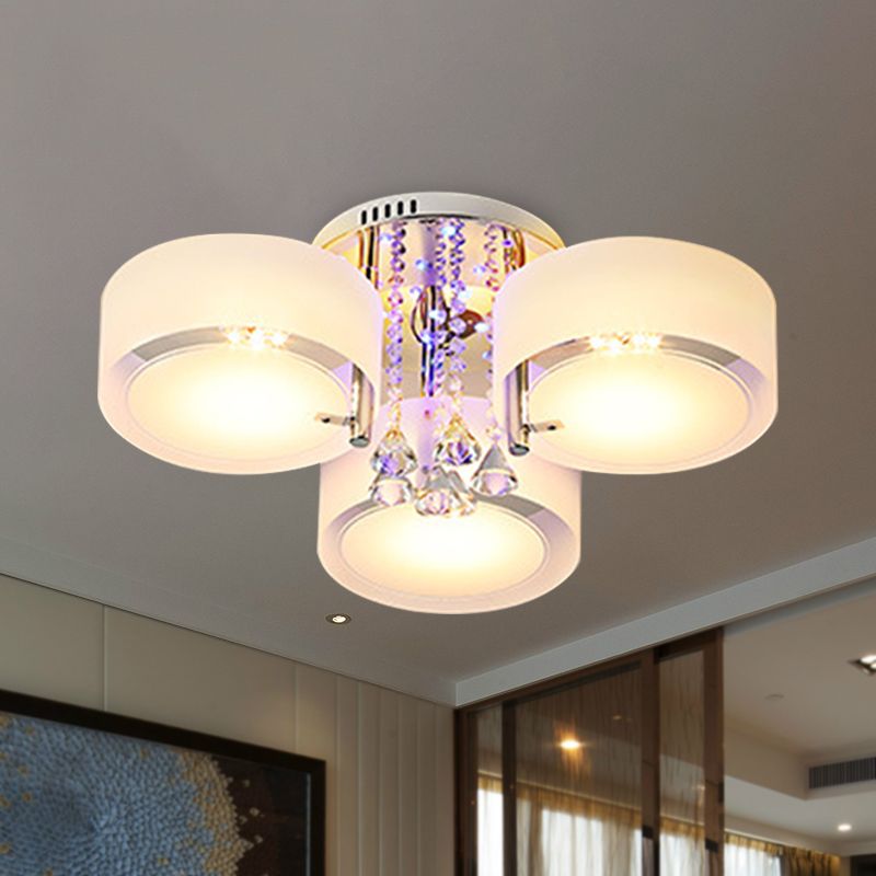 Drum Flush Mount Light Modern Frosted Glass 3/5/6 Heads White Ceiling Light with Crystal Drop