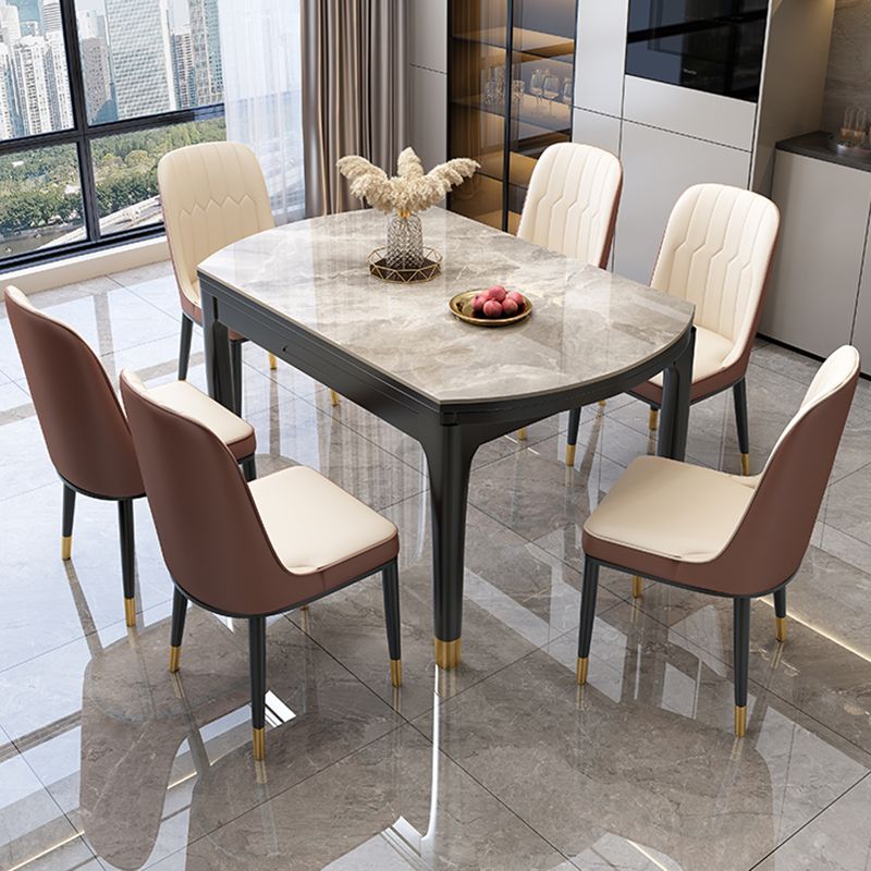 Contemporary Round Gray Stone Dining Table with Solid Wood Legs