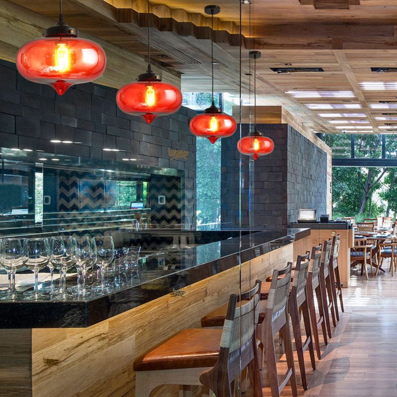 Industrial Onion Shade Pendant Lighting 1 Light Red/Yellow/Smoke Gray Glass Hanging Lamp for Bar