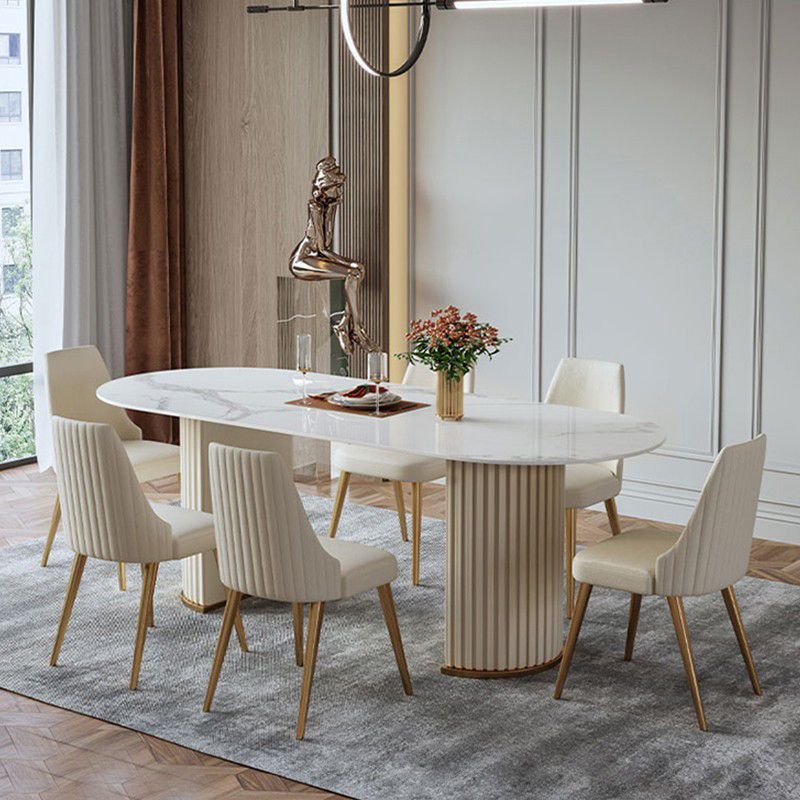 Mesa de comedor ovalada moderna de metal mesa de piedra sinterizada blanca con pedestal doble