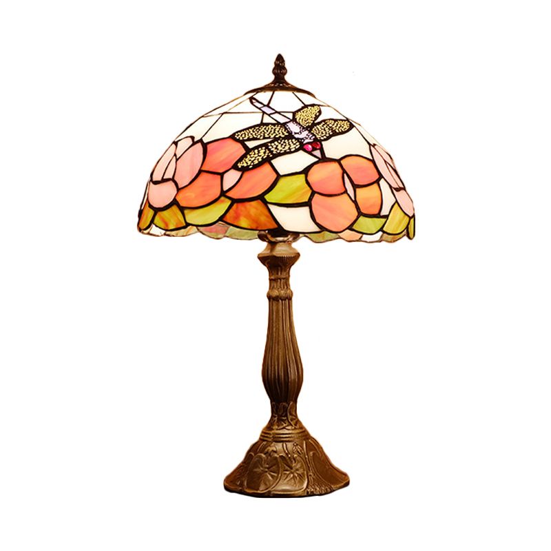 Lampada da comodino a 1 luci da luci tiffany Dragonfly su rosa arancione/rosa/beige illuminazione da tavolo con tonalità di ciotola