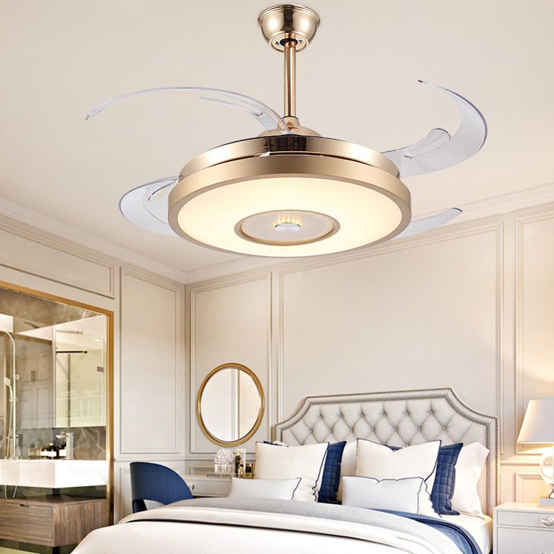 Goldene Trommel Anhänger Lüfterlampe Moderne Acryl Wohnzimmer 4 Klingen LED Semi Flushmount, 48 "breit