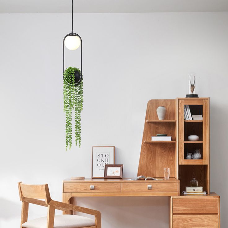 Modern Oval Metal Hanging Lamp White Glass Globe Shade 1 Light Pendant Light with Green Plant