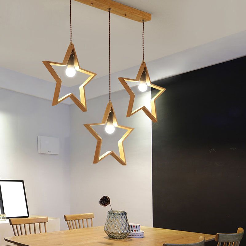 Houten stervraad frame multi -suspensie verlichting Noordse stijl 3 koppen hanglampje plafondlicht