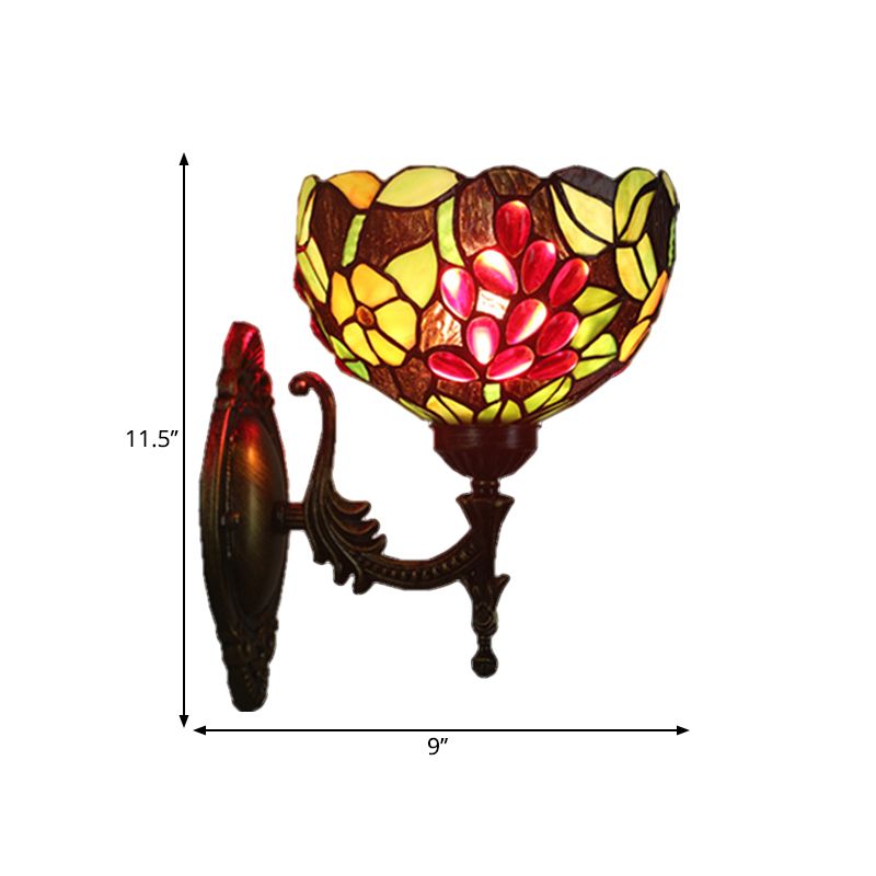 Bowl Shaped Wall Sconce Lighting Tiffany Style Hand Cut Glass 1 Head Brass Flower and Grape Wall Light Fixture
