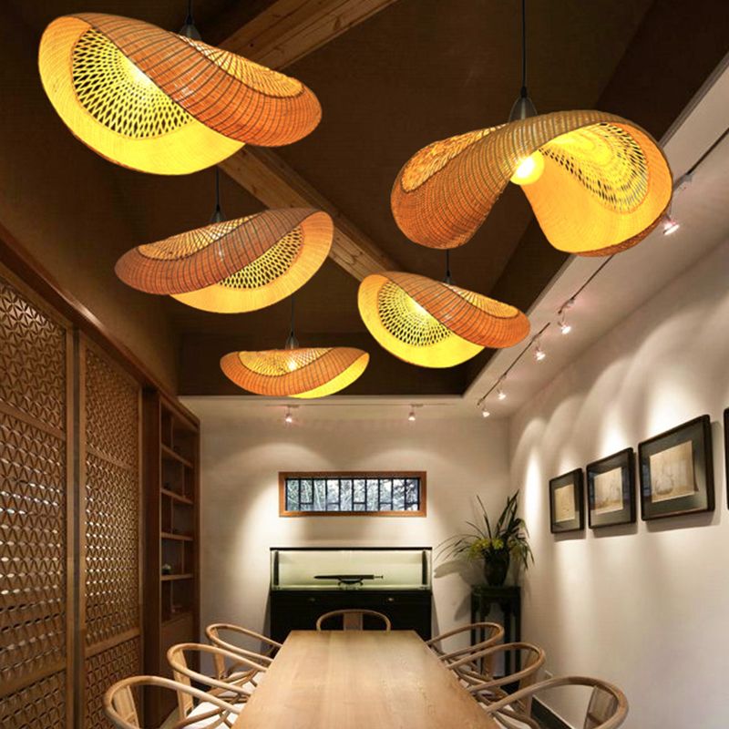 Bamboo Curvy Hanging Lamp Japanese 1 Head Beige Ceiling Pendant Light for Dining Room