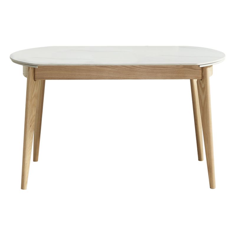 Round Contemporary Dining Room Table White Sintered Stone Table with 4 Ash Solid Wood Legs