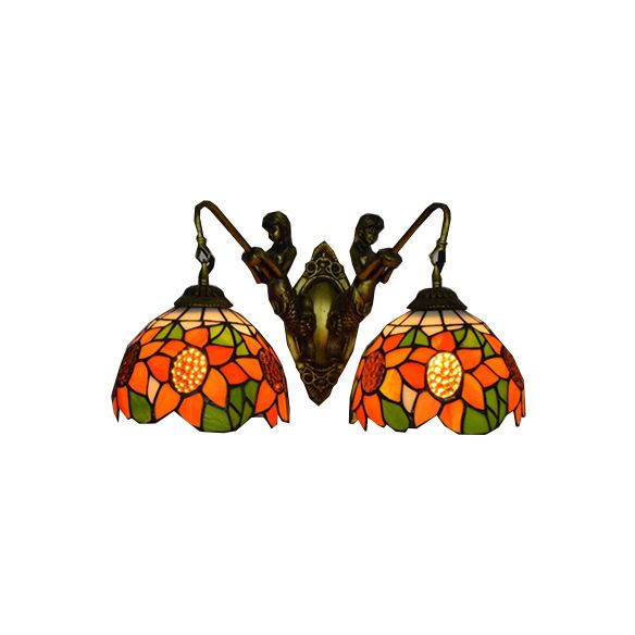 Flower Wall Light Fixture Tiffany Orange-Green/Orange-Yellow Glass 2 Heads Antique Brass Sconce Light