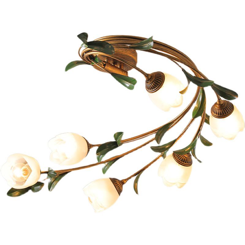 American Style Ceiling Light Flower Shape Ceiling Lamp with Glass Shade for Living Room