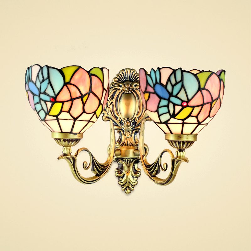 Bowl Wall Lamp Rustic Stained Glass 2 Heads Wall Fixture Light with Art Pattern for Dining Room