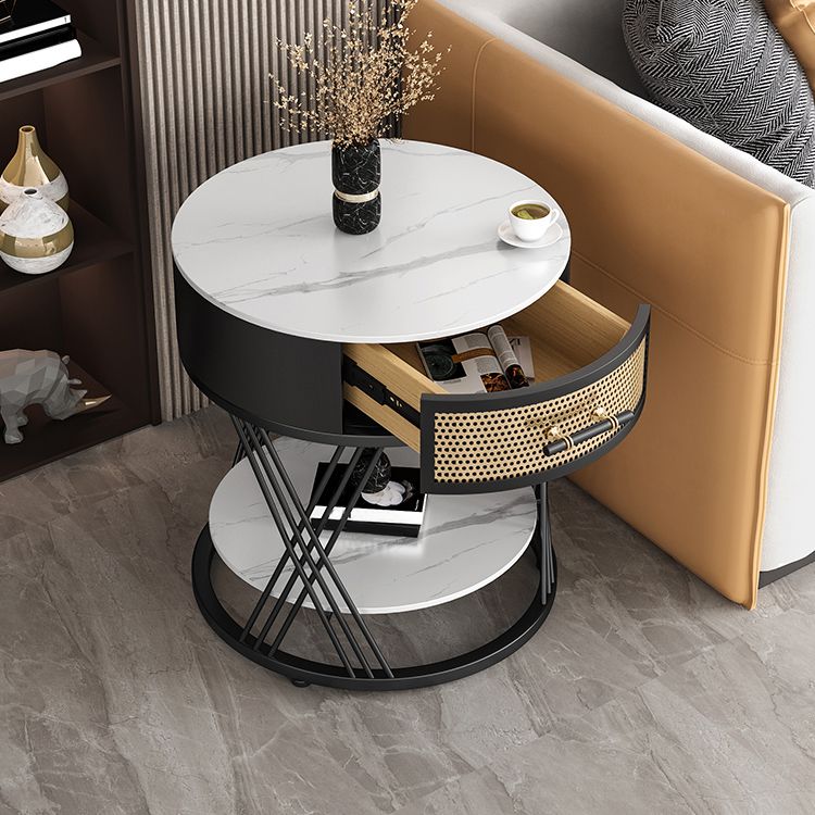 Modernistic Metal Frame End Table Slate Top Round Side End Table