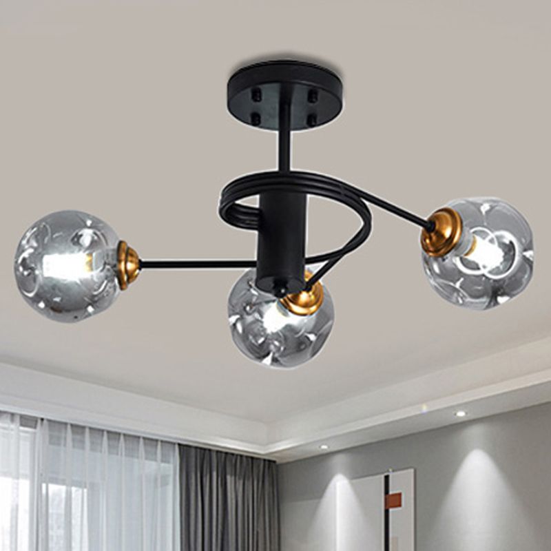 3/5 Lights Living Room Semi Flush with Ball Amber/Smoke Dimpled Blown Glass Shade Modernist Black Semi Flush Ceiling Light