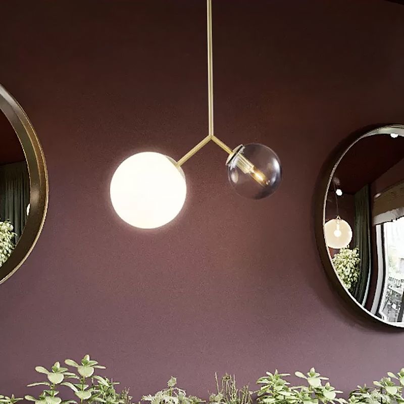 Bifurcated bedhanger kroonluchter ombre blauw en melkglas 2 koppen postmoderne hanglamp in goud