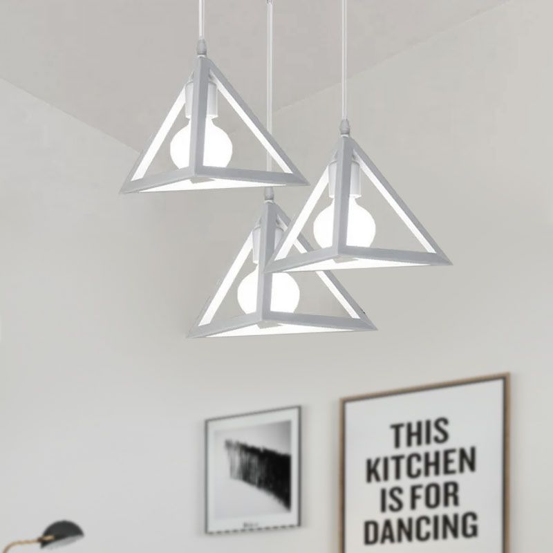 3 Heads Hanging Lamp Retro Industrial Triangle Metallic Pendant Lighting with Wire Guard and Linear/Round Canopy in Black/White