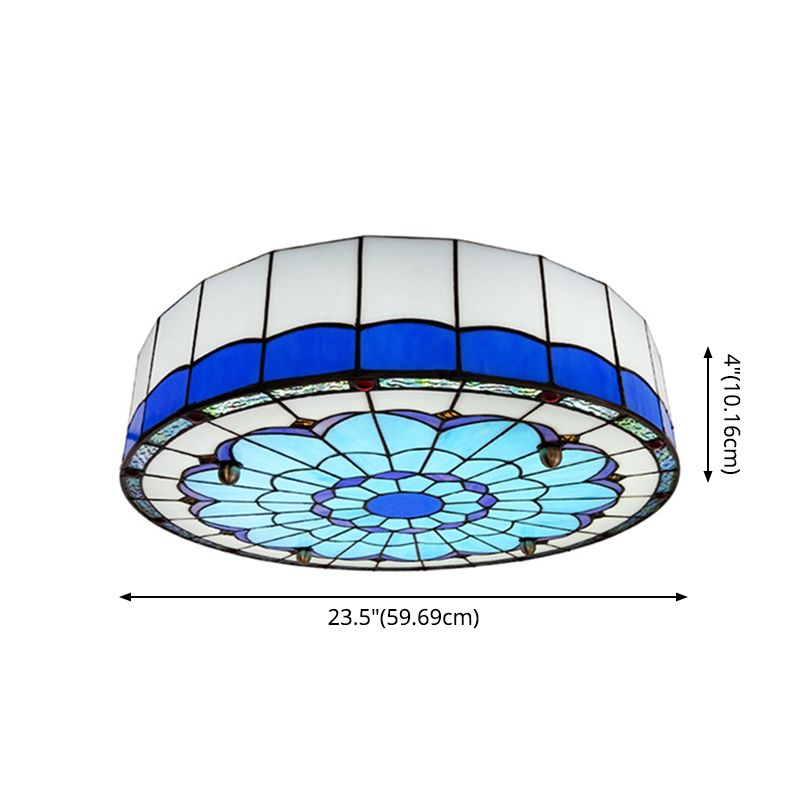 Drum Ceiling Mount Light Mediterranean Stained Glass Flush Mount Fixture for Bedroom