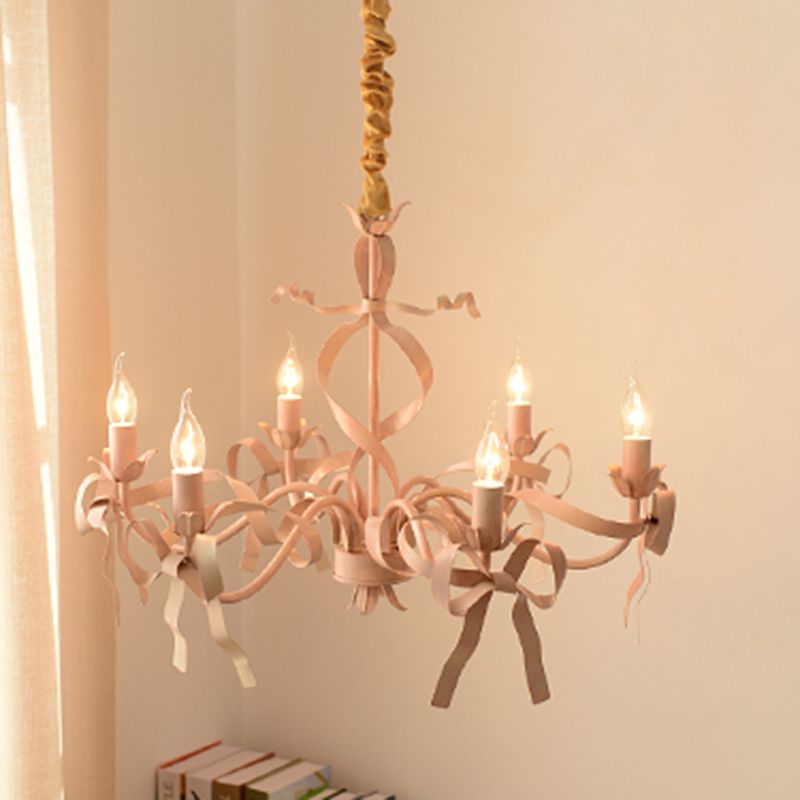Multi Lights Pink Metal Suspension Pendant Light Curved Arm Modern Style Hanging Lamps