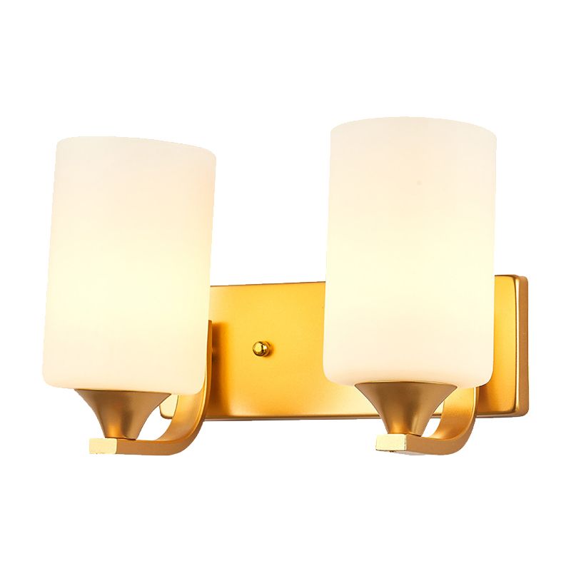 2-Bulb Wall Mount Lamp Traditional Cylindrical Milky Glass Wall Lighting Fixture in Gold